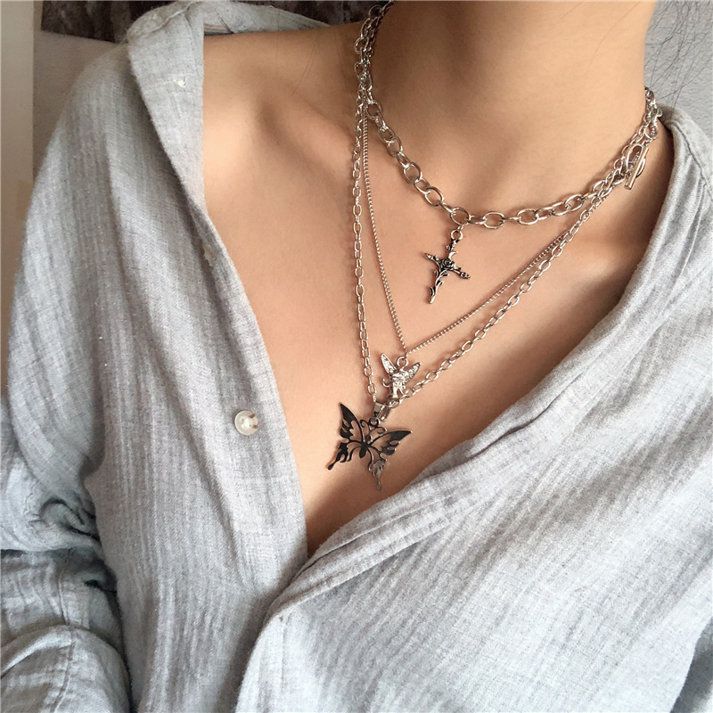 Silver Butterfly Pendant Chains Necklace Angel Layered Choker Emo Aesthetic Chunky Chains Jewelry for Eboy Egirl Women Men