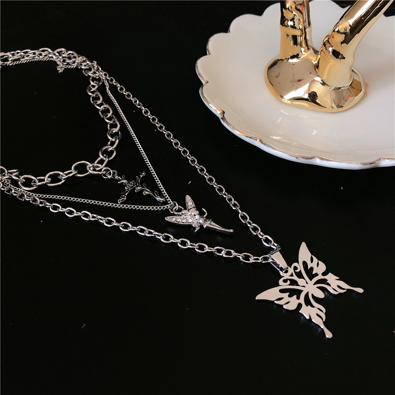 Silver Butterfly Pendant Chains Necklace Angel Layered Choker Emo Aesthetic Chunky Chains Jewelry for Eboy Egirl Women Men