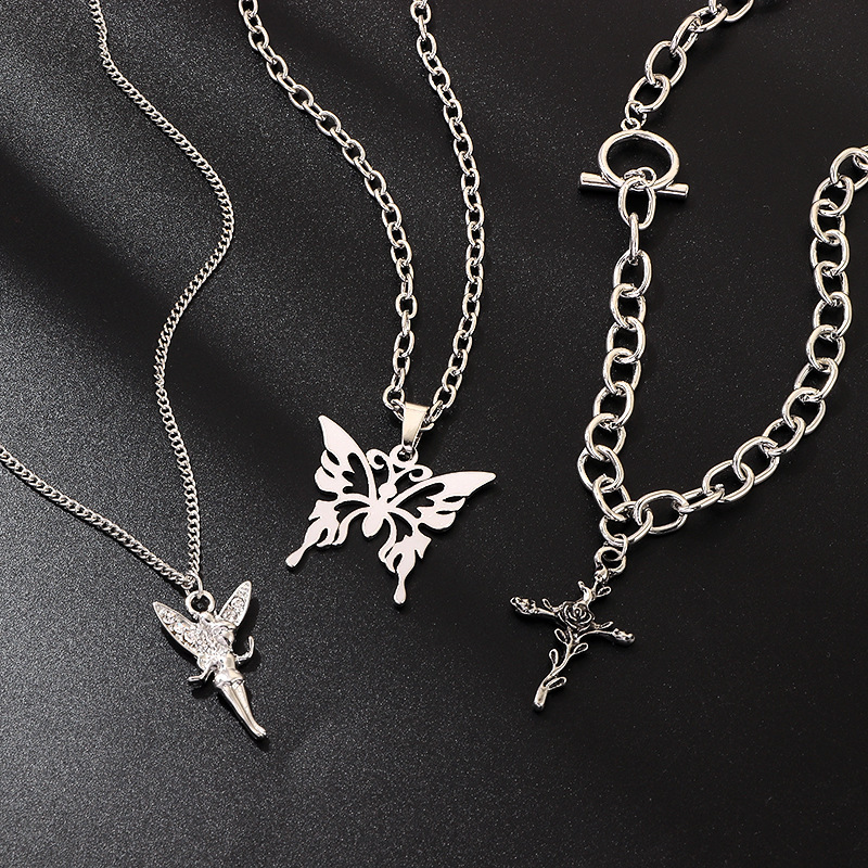 Silver Butterfly Pendant Chains Necklace Angel Layered Choker Emo Aesthetic Chunky Chains Jewelry for Eboy Egirl Women Men