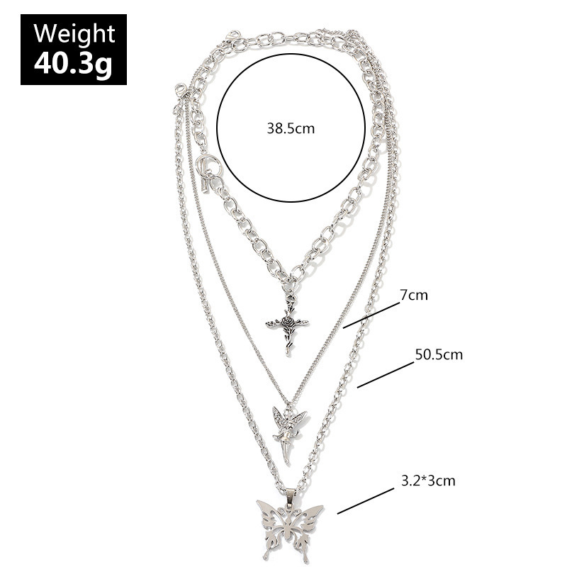 Silver Butterfly Pendant Chains Necklace Angel Layered Choker Emo Aesthetic Chunky Chains Jewelry for Eboy Egirl Women Men