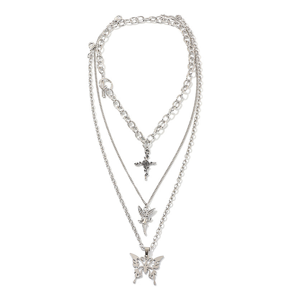 Silver Butterfly Pendant Chains Necklace Angel Layered Choker Emo Aesthetic Chunky Chains Jewelry for Eboy Egirl Women Men