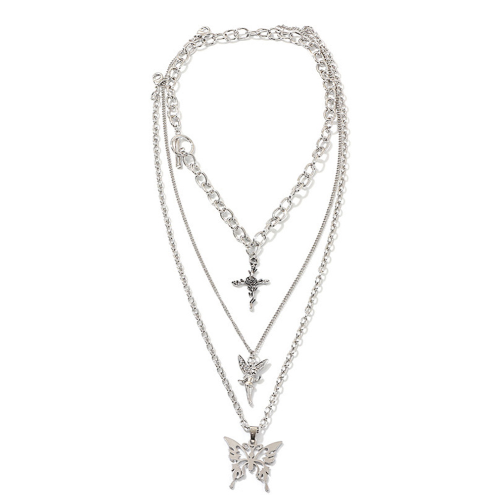 Silver Butterfly Pendant Chains Necklace Angel Layered Choker Emo Aesthetic Chunky Chains Jewelry for Eboy Egirl Women Men