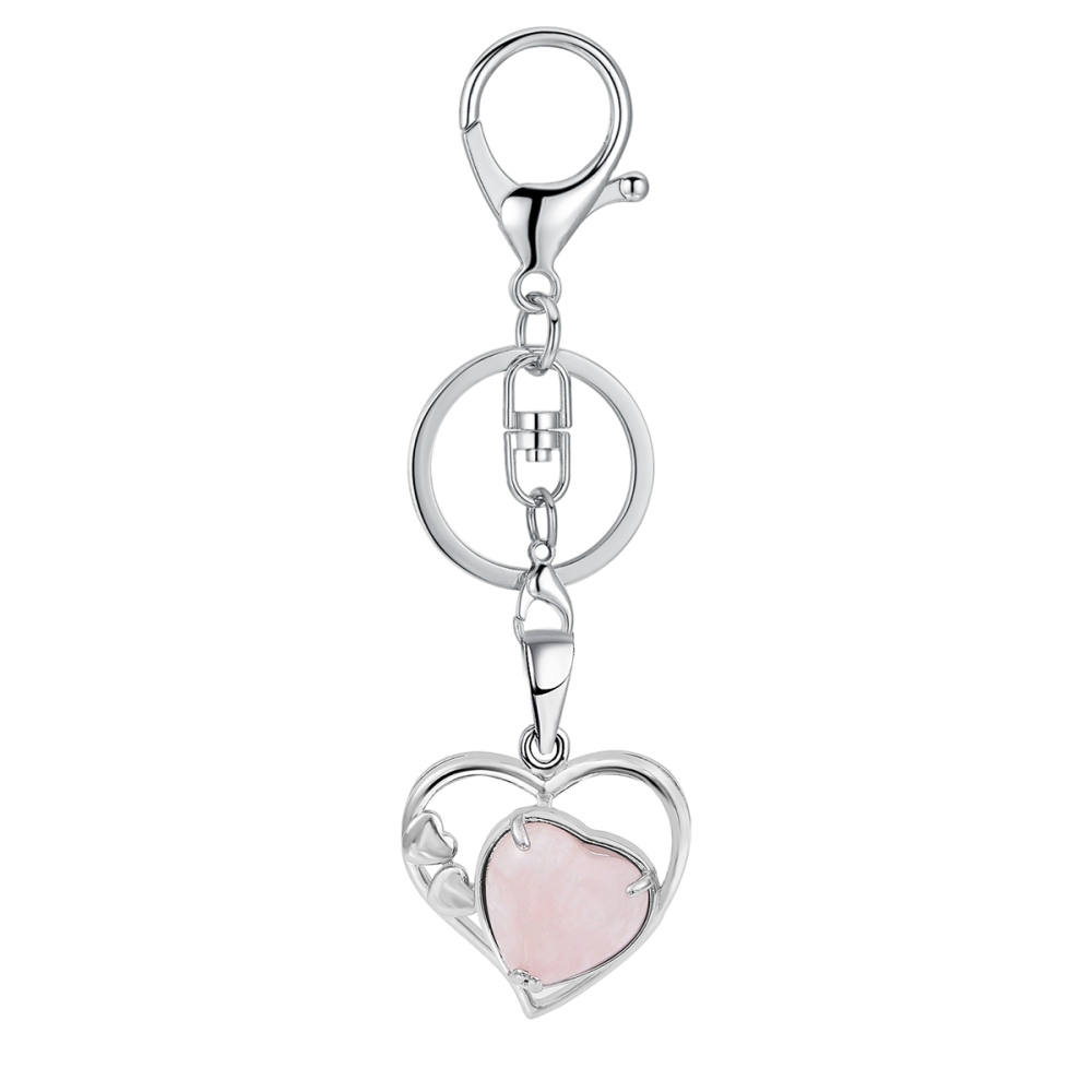 Wholesales Silver Key Chain Accessories Keys Natural Healing Crystal Hollow Heart Stone Keychain for Bag Car key Rings