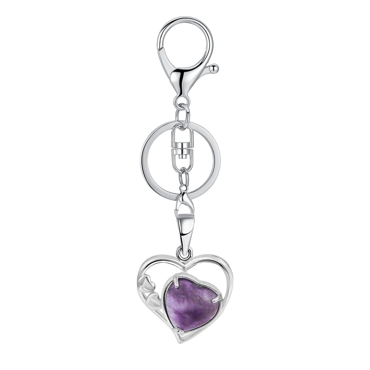 Wholesales Silver Key Chain Accessories Keys Natural Healing Crystal Hollow Heart Stone Keychain for Bag Car key Rings