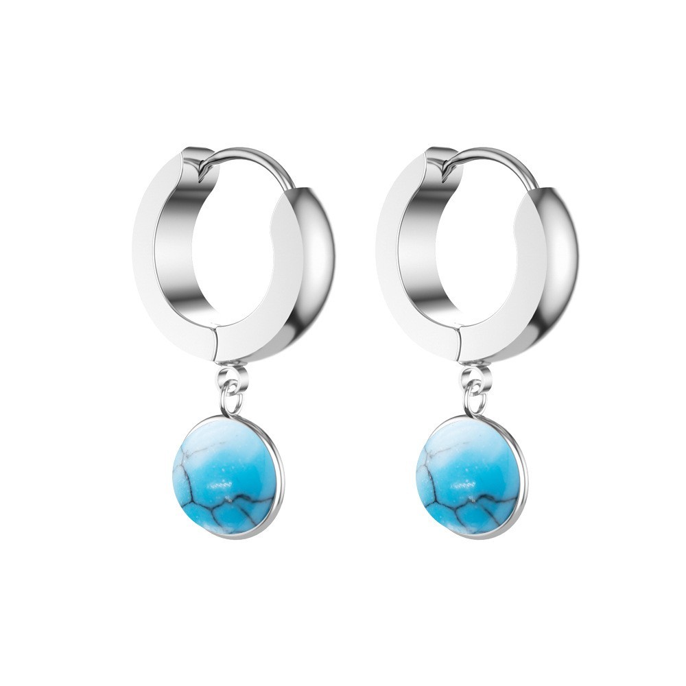 Natural Crystal Stud Stainless Steel Round Amethyst Turquoise Pendant Ring Earrings
