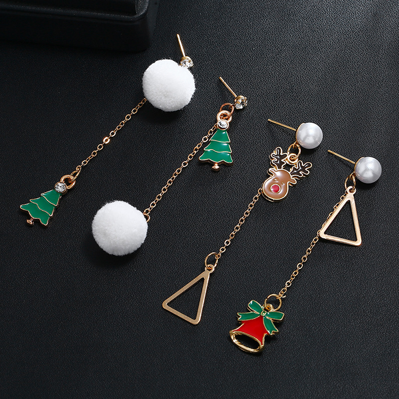 Christmas Series Pearl Earrings Alloy Oil Dripping Christmas Tree Hairball Personalized Earrings