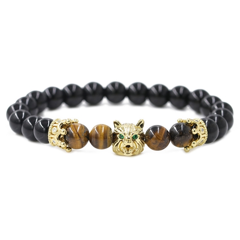 Animal Head Wolf Strand Bracelet Crown Natural Stone Punk Bracelets Men Biker Jewelry