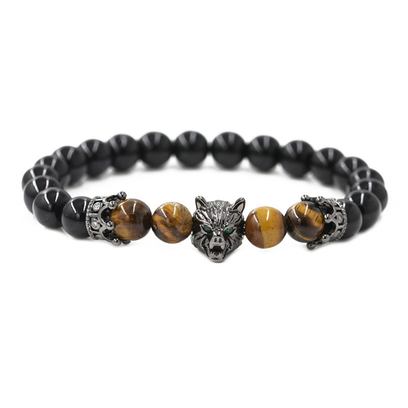 Animal Head Wolf Strand Bracelet Crown Natural Stone Punk Bracelets Men Biker Jewelry