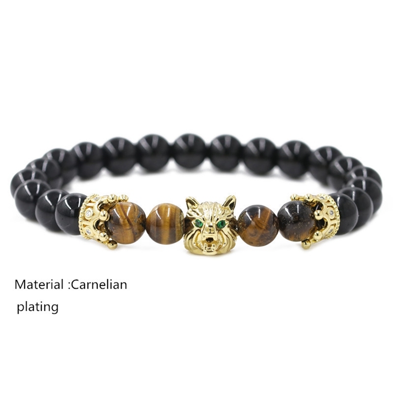 Animal Head Wolf Strand Bracelet Crown Natural Stone Punk Bracelets Men Biker Jewelry