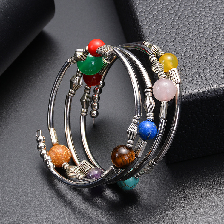 Charm Layered Wrap Bangle Turquoise Bead Bracelet with Natural Agate Stone Bracelet Gift for Women