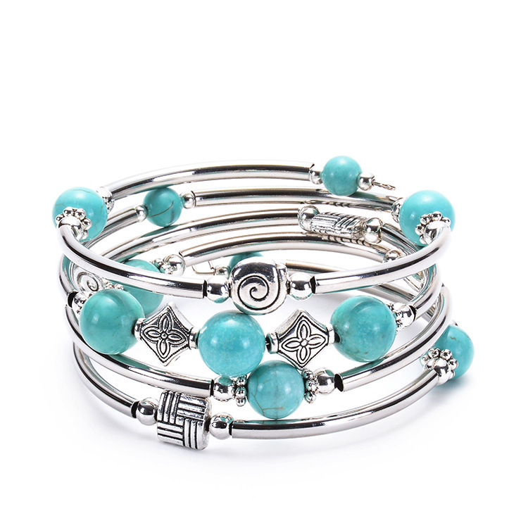 Charm Layered Wrap Bangle Turquoise Bead Bracelet with Natural Agate Stone Bracelet Gift for Women