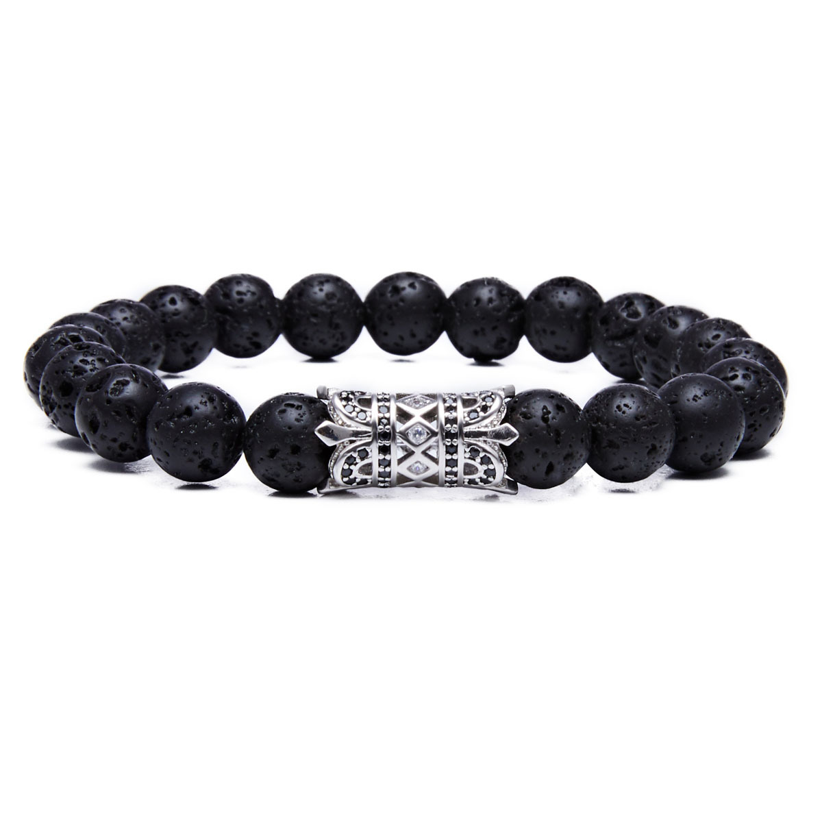 Natural Lava Rock Stone Bracelets 8MM CZ King Crown Charm Bracelet for Men Women Essential Oil Diffuser Distance Bangle