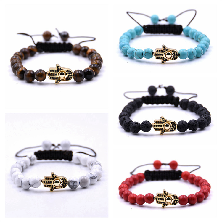 Natural 8mm Stone Friendship Woven Bracelet Gold Hasma Hand Braided String Cord Evil Eyes For Men Women