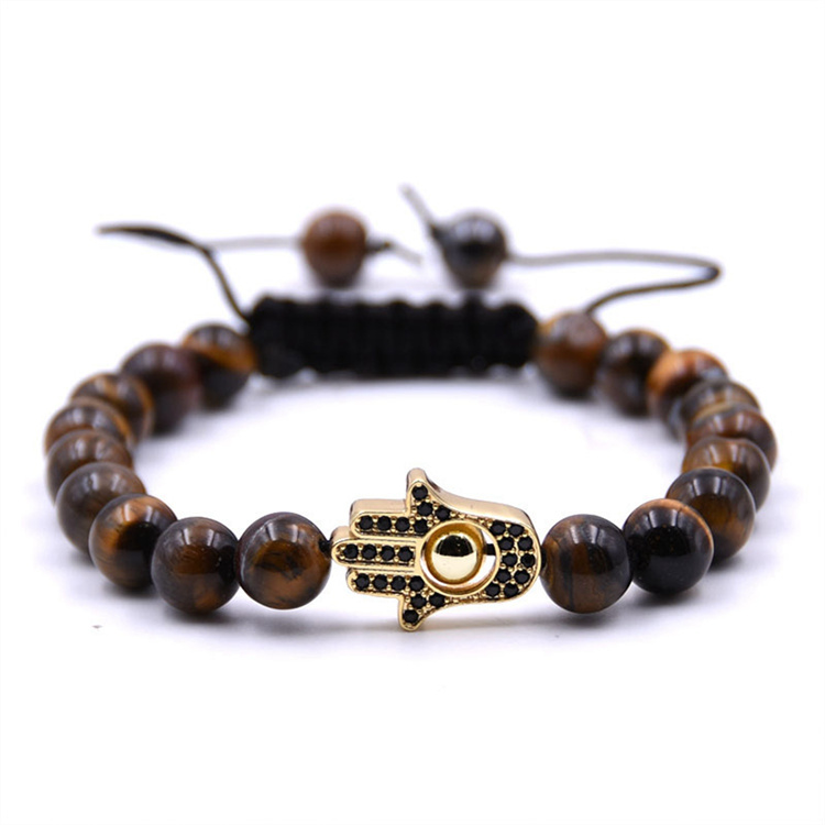 Natural 8mm Stone Friendship Woven Bracelet Gold Hasma Hand Braided String Cord Evil Eyes For Men Women