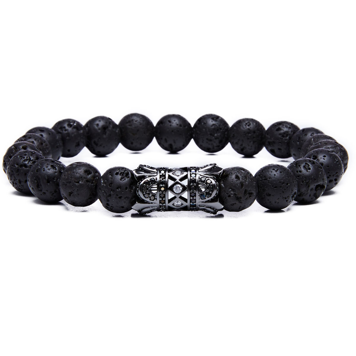 Natural Lava Rock Stone Bracelets 8MM CZ King Crown Charm Bracelet for Men Women Essential Oil Diffuser Distance Bangle