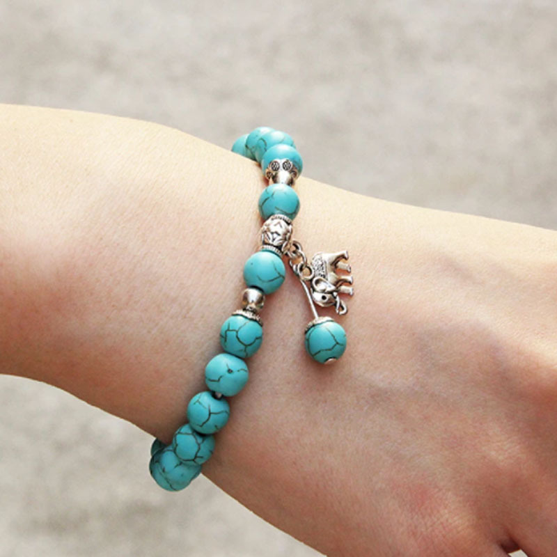 Women Gemstones Beaded Bracelets with Charms Elephant Strand Healing Crystal Gorgeous Stretch Semi-Precious Stone 8MM Beads Bangle Jewelry