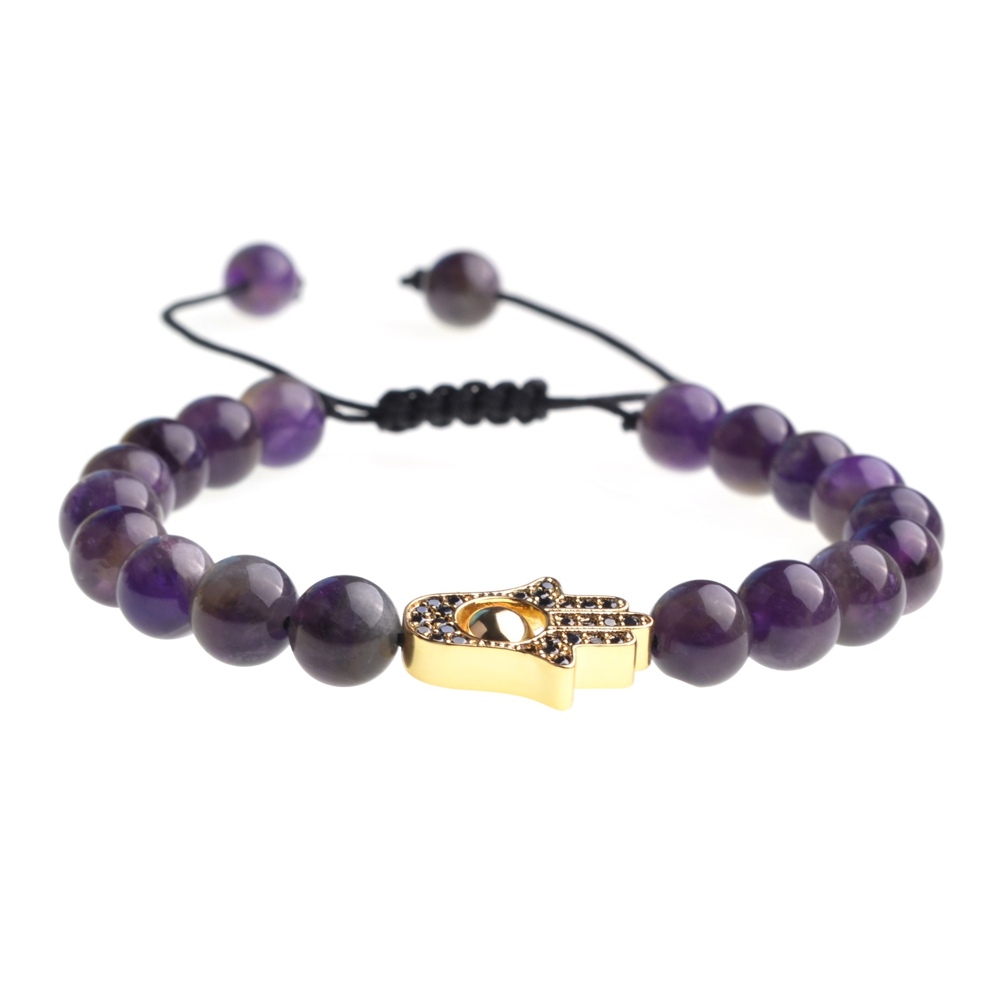 Natural 8mm Stone Friendship Woven Bracelet Gold Hasma Hand Braided String Cord Evil Eyes For Men Women