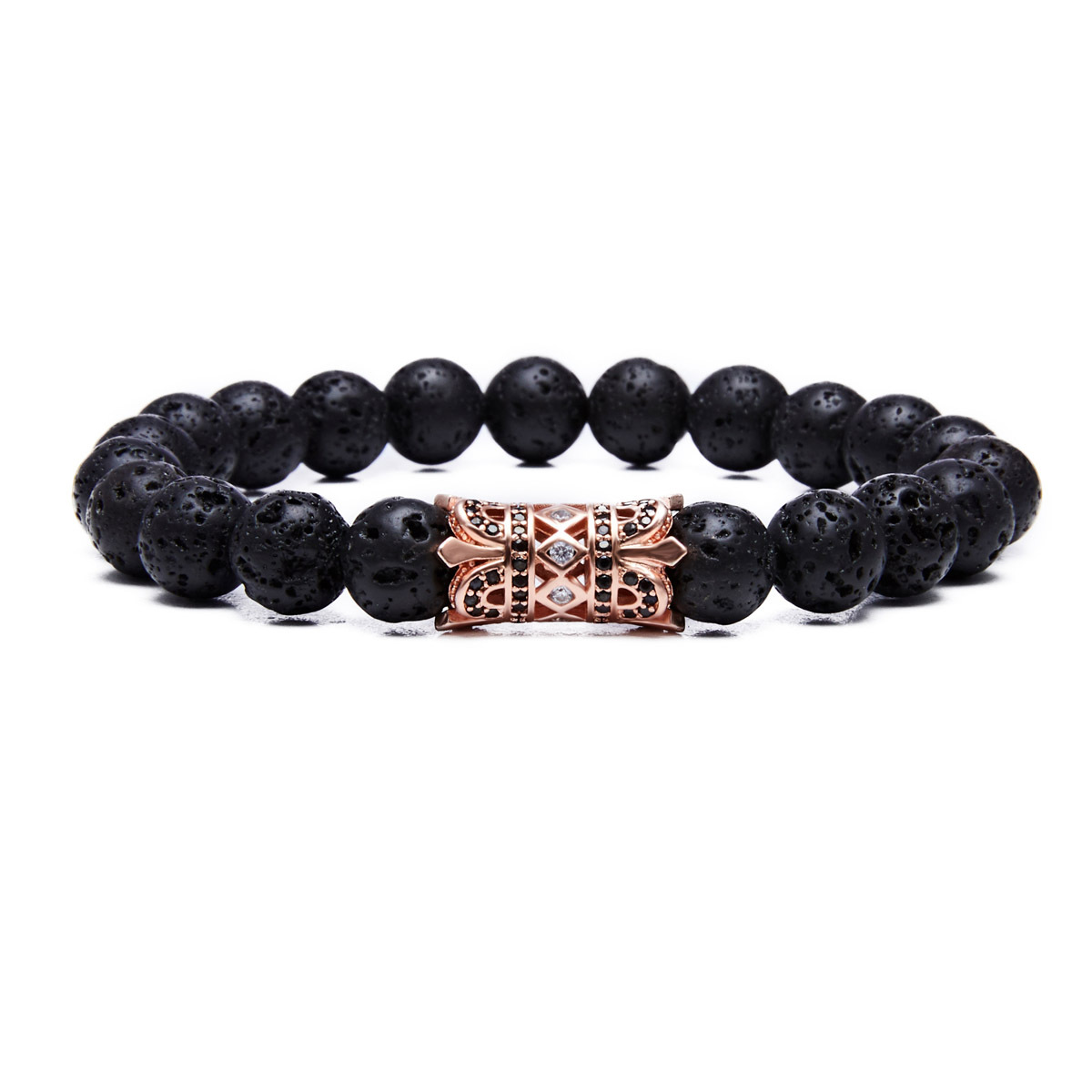 Natural Lava Rock Stone Bracelets 8MM CZ King Crown Charm Bracelet for Men Women Essential Oil Diffuser Distance Bangle