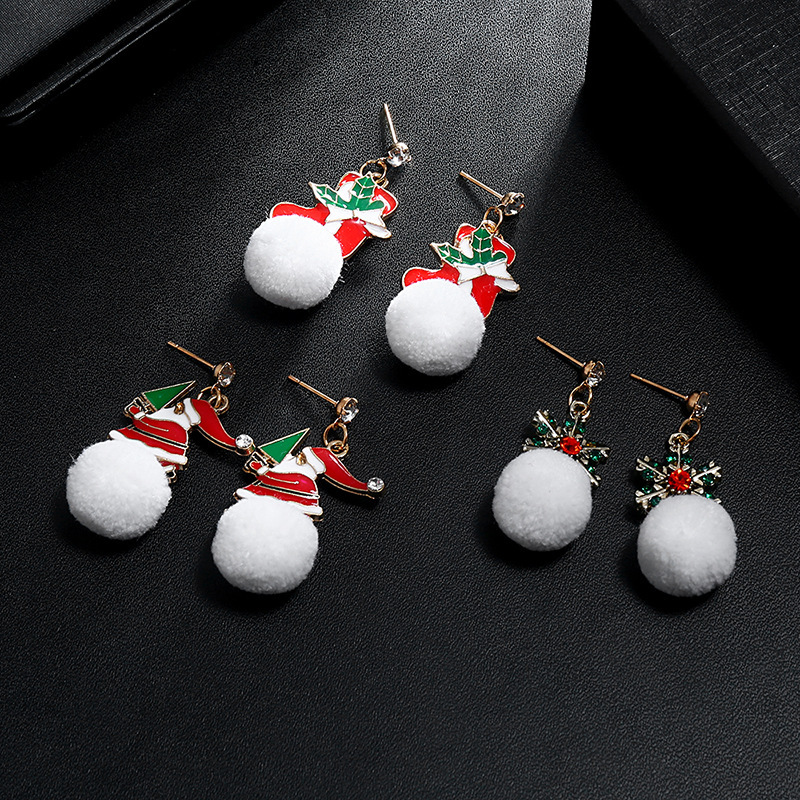 Wholesale Cute Fashion Christmas SnowFlake White Fuzzy Ball Tassel Stud Earrings for Women