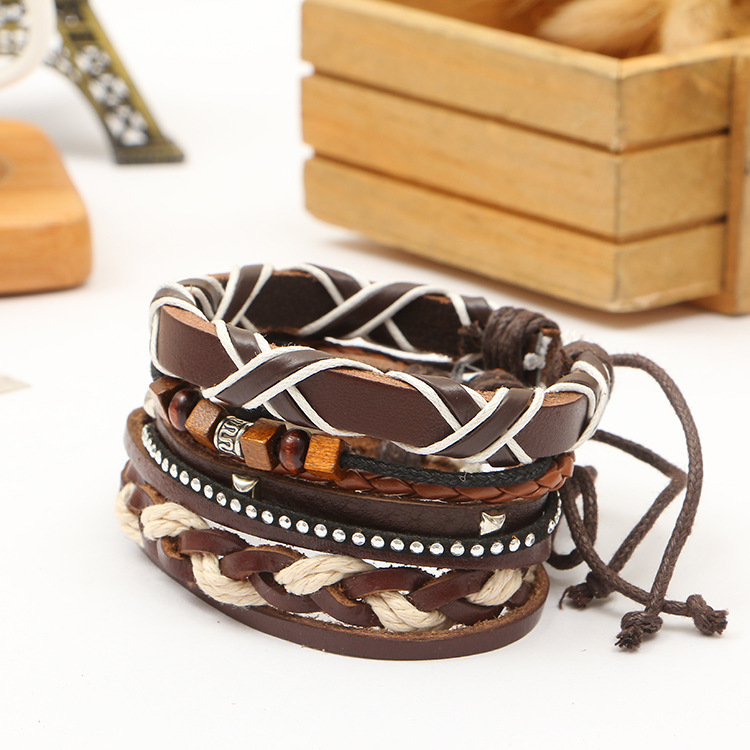 Woven leather bracelet men's and women's cuff wound wooden bead ethnic tribe Adjustable