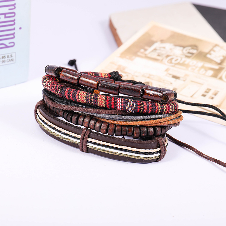 Braided Leather Bracelets for Men Women Wrap Wood Beads Bracelet Woven Ethnic Tribal Rope Wristbands Bracelets Set Adjustable