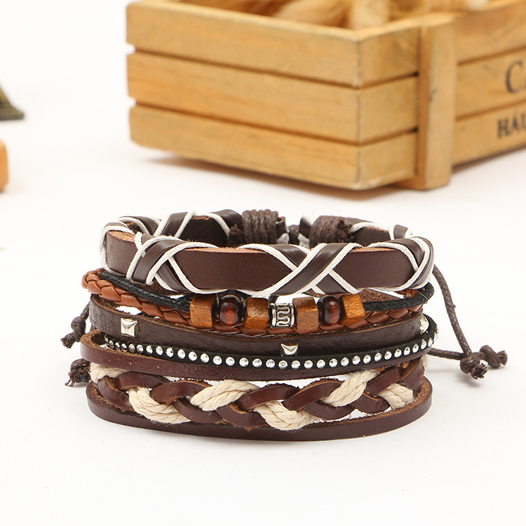 Woven leather bracelet men's and women's cuff wound wooden bead ethnic tribe Adjustable