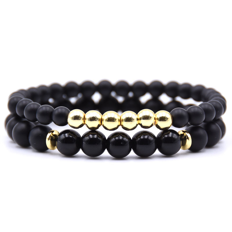 2PCS Black Matte Onyx Prayer Beads Bracelet for Men Women Elastic Natural Stone Golden Hematite Couple Friendship Bangle Jewelry