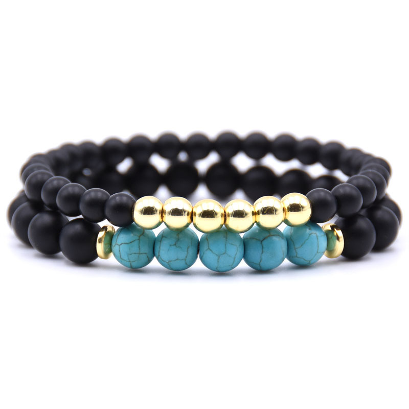2PCS Black Matte Onyx Prayer Beads Bracelet for Men Women Elastic Natural Stone Golden Hematite Couple Friendship Bangle Jewelry