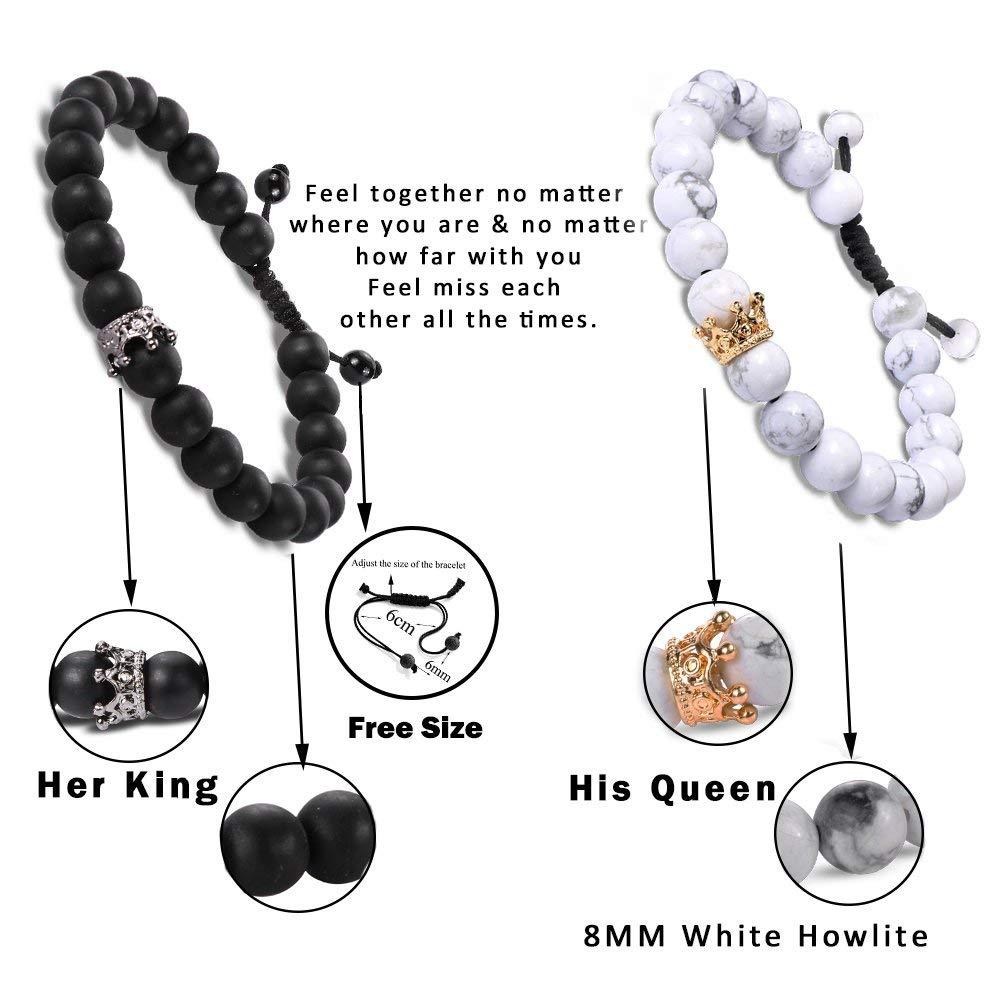 2PCS Silver Crown Volcanic Stone and Black Agate Woven Friendship Bracelet 8mm Apart Gold Crown Howlite Beads Bracelet