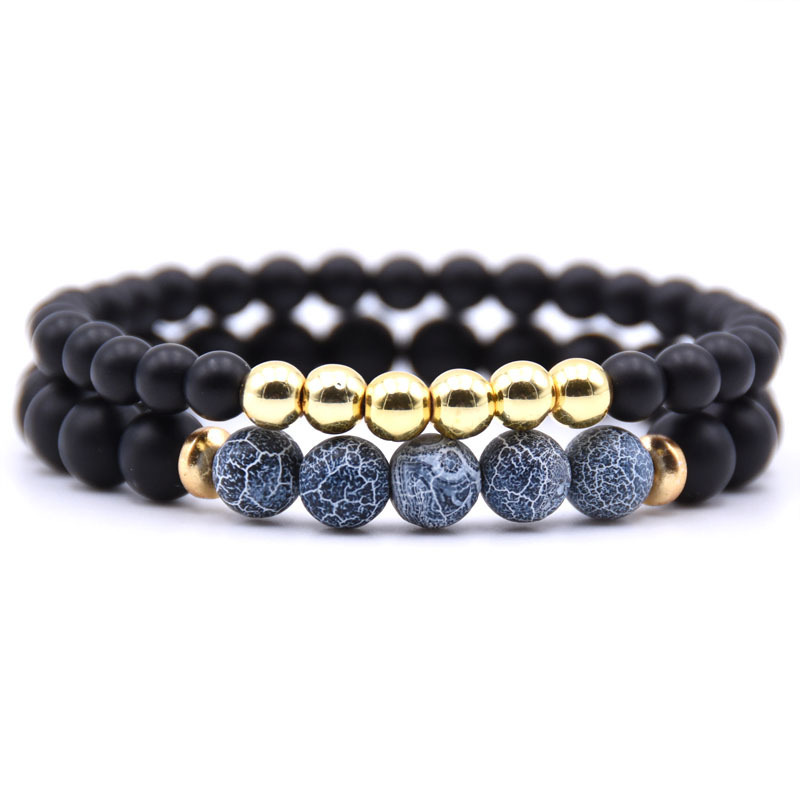 2PCS Black Matte Onyx Prayer Beads Bracelet for Men Women Elastic Natural Stone Golden Hematite Couple Friendship Bangle Jewelry