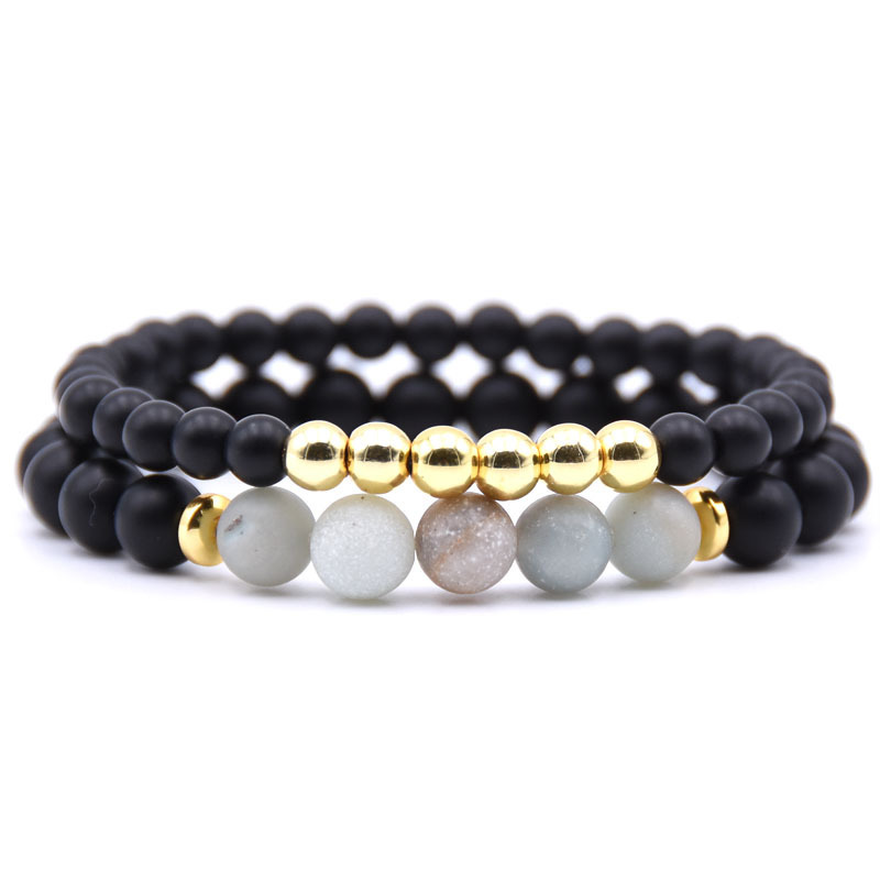 2PCS Black Matte Onyx Prayer Beads Bracelet for Men Women Elastic Natural Stone Golden Hematite Couple Friendship Bangle Jewelry