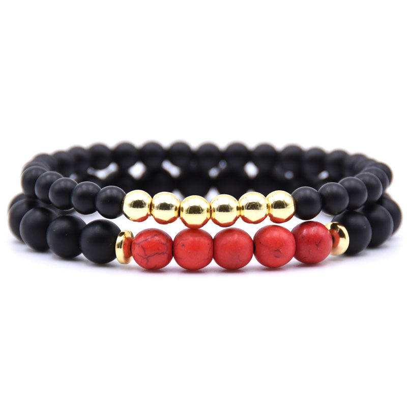 2PCS Black Matte Onyx Prayer Beads Bracelet for Men Women Elastic Natural Stone Golden Hematite Couple Friendship Bangle Jewelry