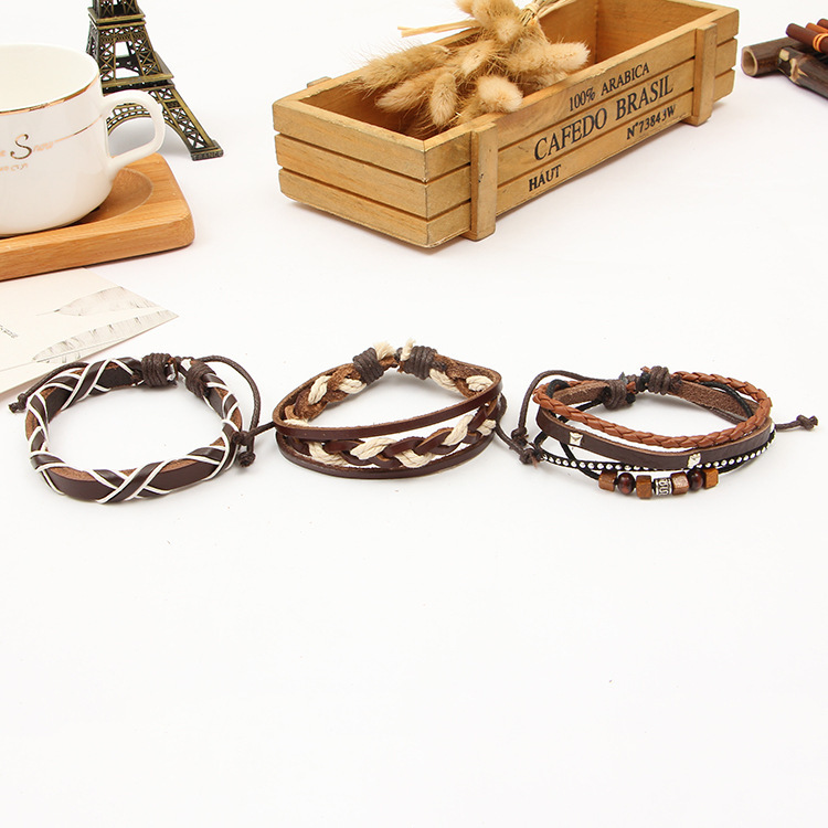 Woven leather bracelet men's and women's cuff wound wooden bead ethnic tribe Adjustable