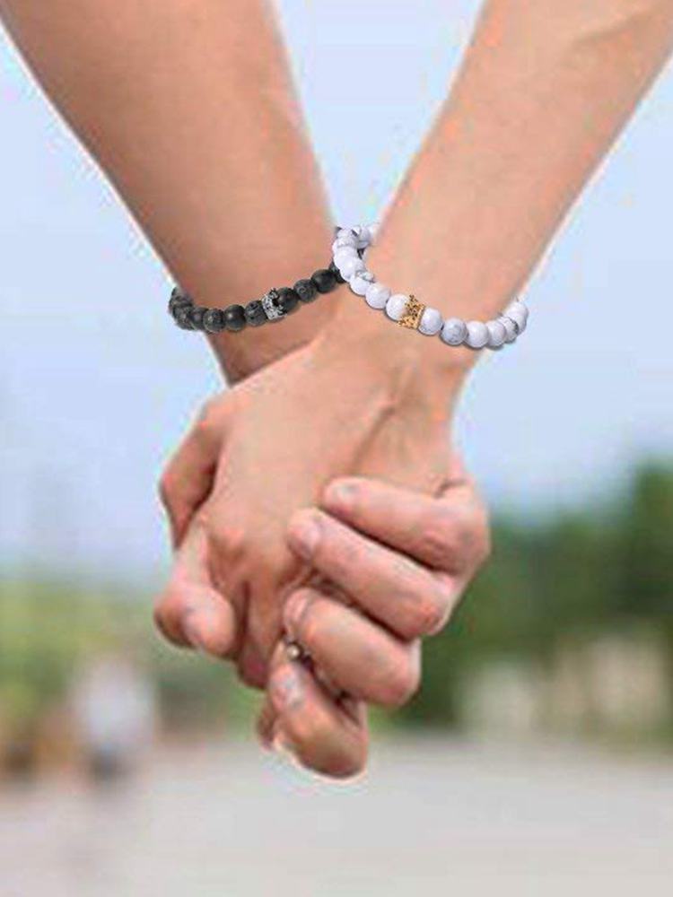 2PCS Silver Crown Volcanic Stone and Black Agate Woven Friendship Bracelet 8mm Apart Gold Crown Howlite Beads Bracelet