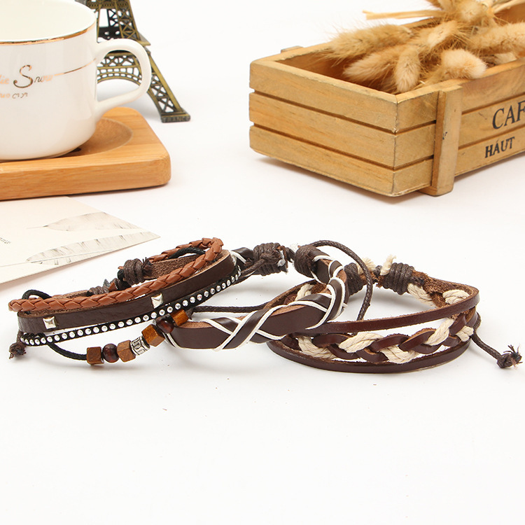 Woven leather bracelet men's and women's cuff wound wooden bead ethnic tribe Adjustable