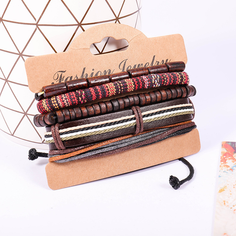 Braided Leather Bracelets for Men Women Wrap Wood Beads Bracelet Woven Ethnic Tribal Rope Wristbands Bracelets Set Adjustable