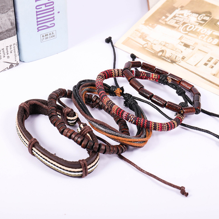 Braided Leather Bracelets for Men Women Wrap Wood Beads Bracelet Woven Ethnic Tribal Rope Wristbands Bracelets Set Adjustable