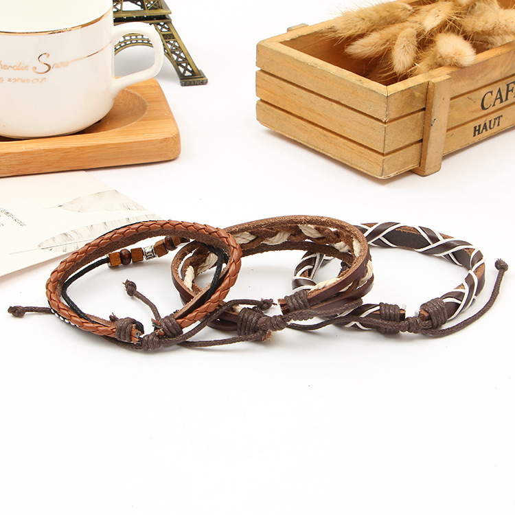 Woven leather bracelet men's and women's cuff wound wooden bead ethnic tribe Adjustable