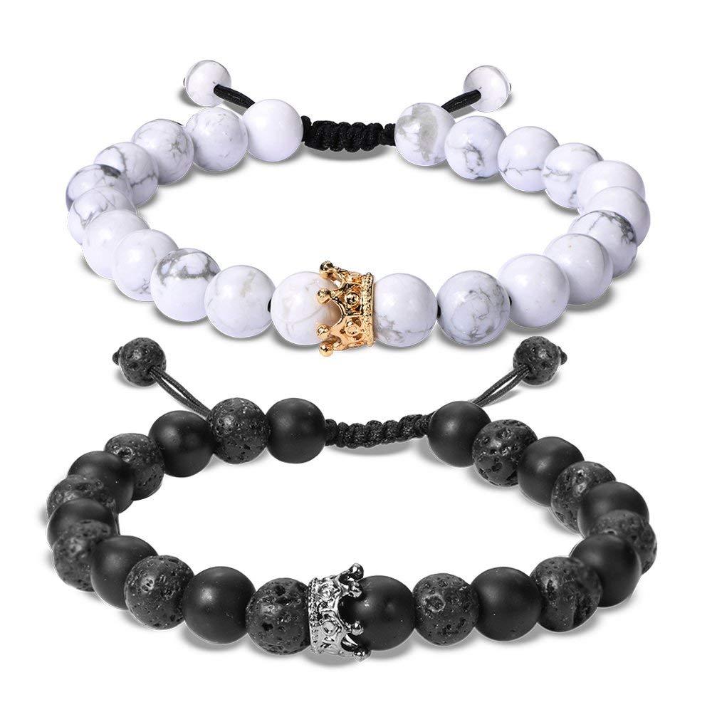 2PCS Silver Crown Volcanic Stone and Black Agate Woven Friendship Bracelet 8mm Apart Gold Crown Howlite Beads Bracelet