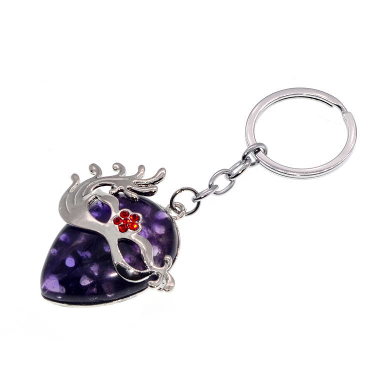 Natural Crystal Pendant Keychain (Silver) Amethyst Quartz Gemstone Fox Dancing  Chakra Healing Point