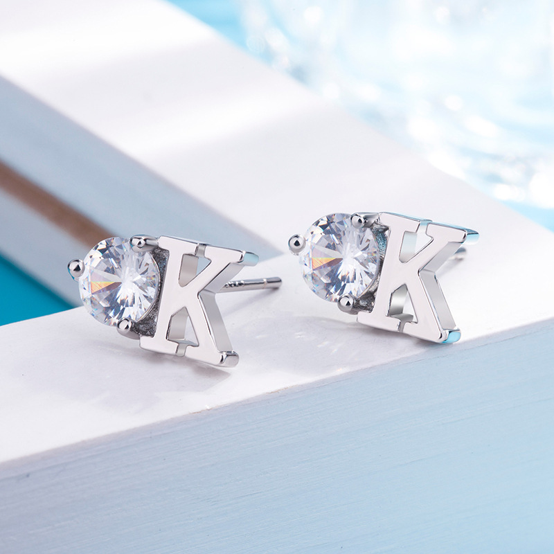 Fashion 925 Sterling Silver CZ Simulated Diamond Stud Earrings Fashion Cool wind Alphabet A W OK  Letter Initial Earrings
