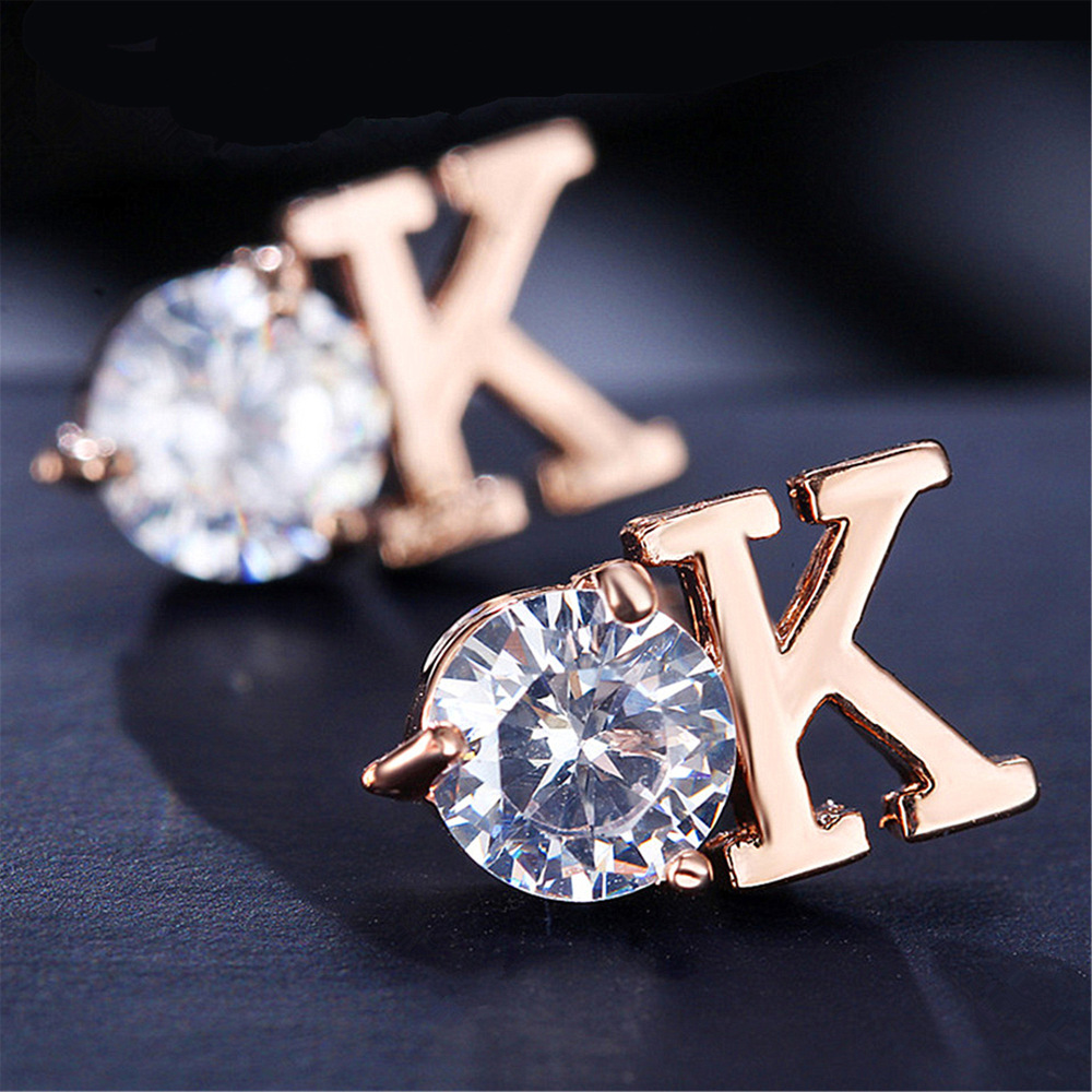 Fashion 925 Sterling Silver CZ Simulated Diamond Stud Earrings Fashion Cool wind Alphabet A W OK  Letter Initial Earrings