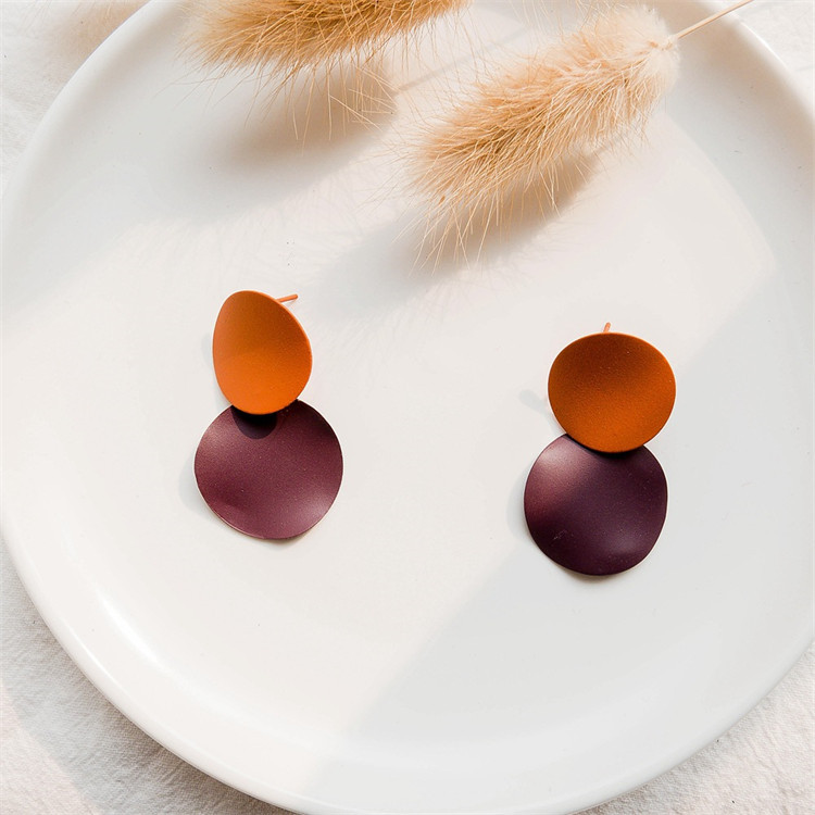 Round Curved Dangle Earrings Geometric Double Disc Gold Fashion Matte Paint Discs Drop Statement Earrings for Women and Girls
