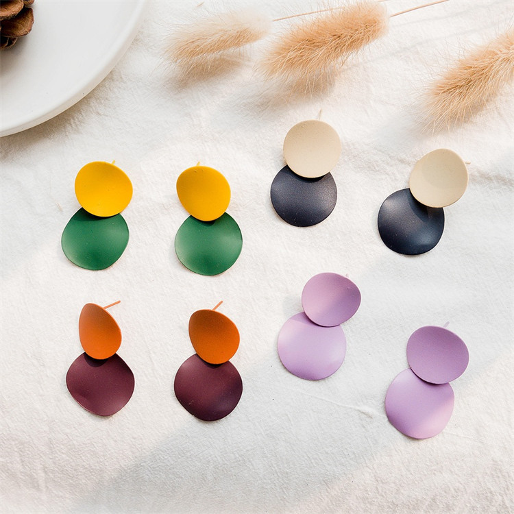 Round Curved Dangle Earrings Geometric Double Disc Gold Fashion Matte Paint Discs Drop Statement Earrings for Women and Girls