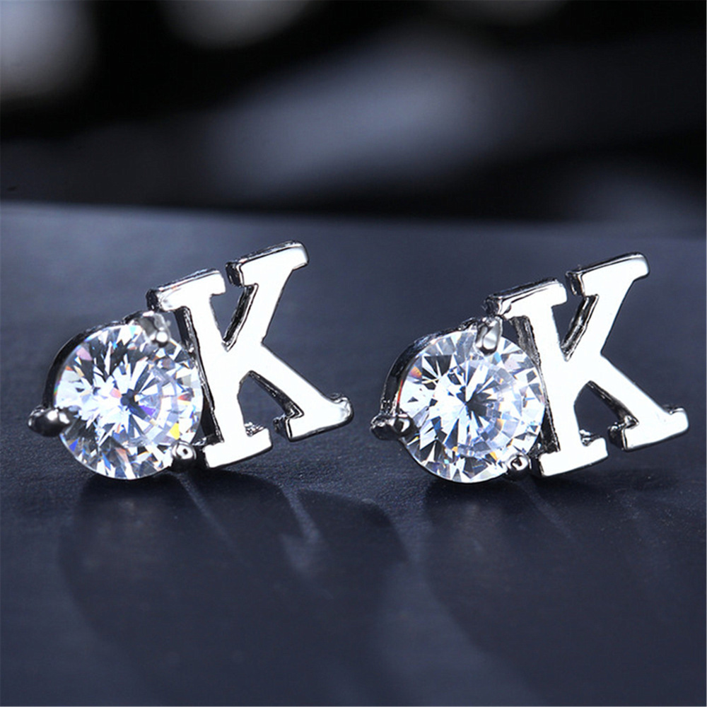Fashion 925 Sterling Silver CZ Simulated Diamond Stud Earrings Fashion Cool wind Alphabet A W OK  Letter Initial Earrings