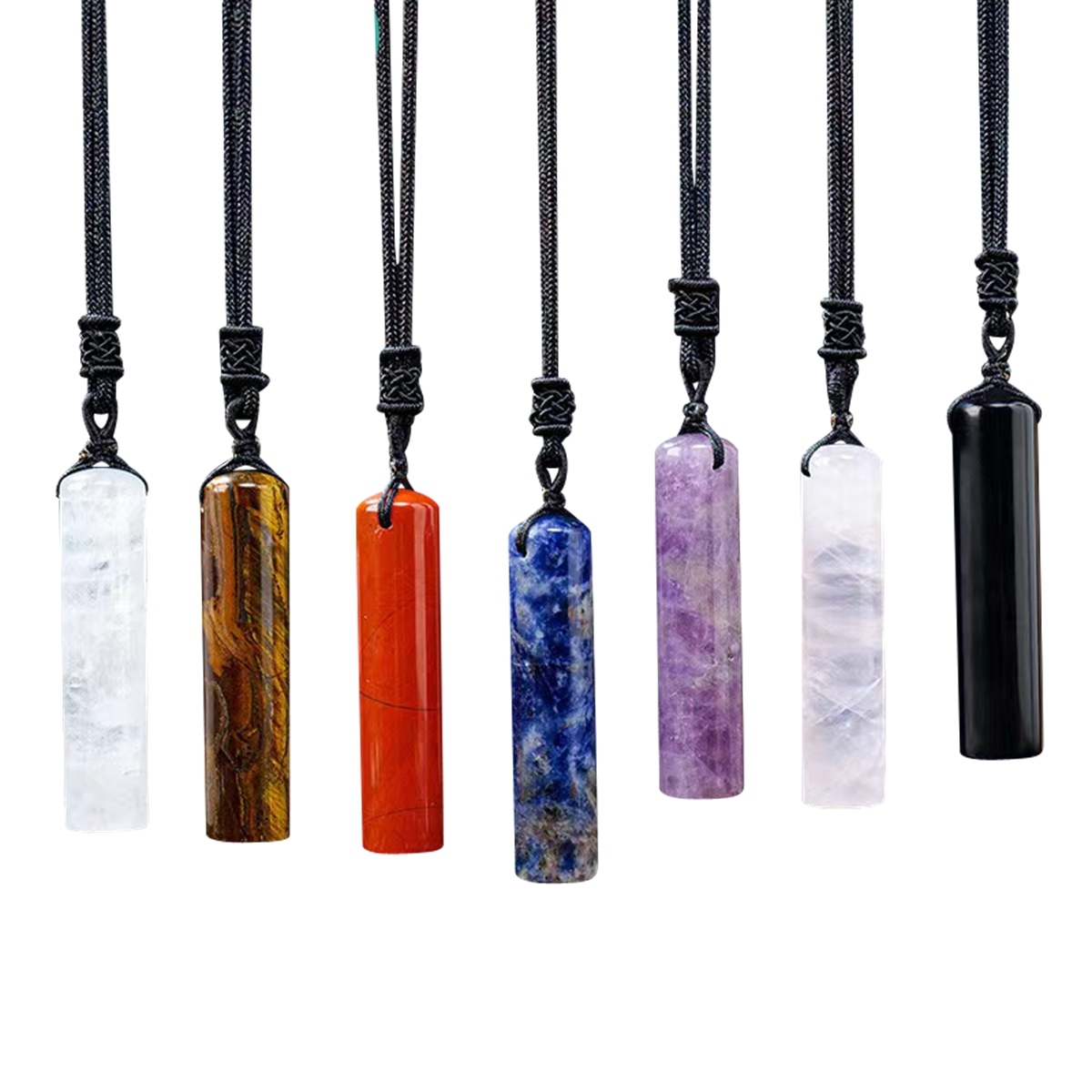 14x60mm Healing Crystal Cylinder Pendant Necklace for Women Men Wand Amulet Reiki Stone Adjustable Braided Cord