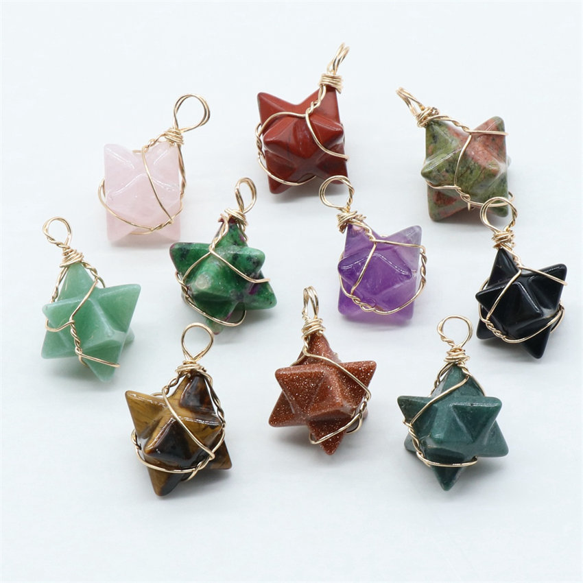 Wholesale Natural Amethyst Rose Quartz Wire Wrap Merkaba Hexagram Pendant For Gifts