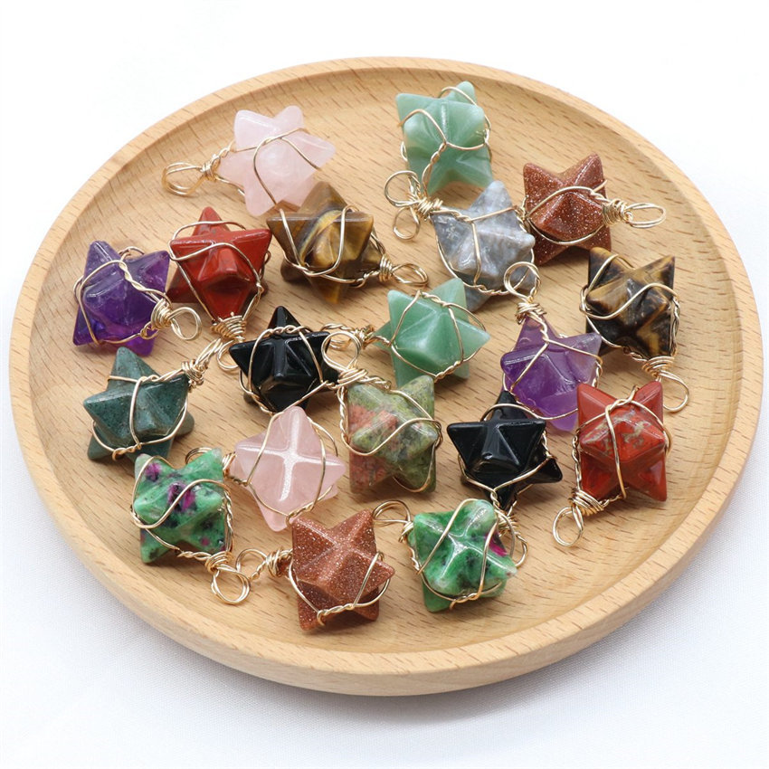 Wholesale Natural Amethyst Rose Quartz Wire Wrap Merkaba Hexagram Pendant For Gifts