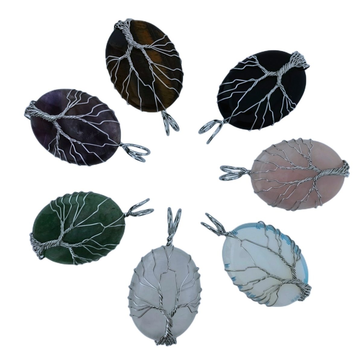 Fashion Waterdrop Crystal Necklace Wire Wrapped Tree Of Life Stainless Steel Natural Stone Necklace Jewelry