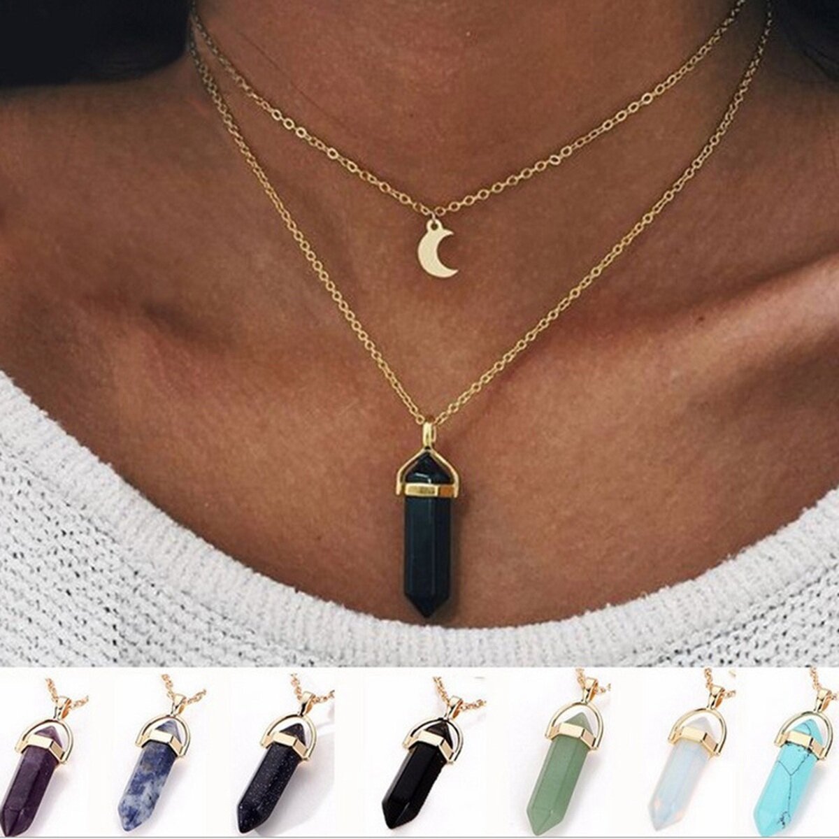 Wholesale Natural Layered Crystal Star Moon Choker Healing Stone Hexagon Pendant Gemstone Necklace For Women